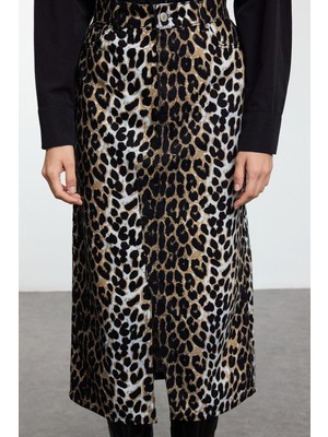 FRM Kadın Moda Stil Maxi Astarsız Dokuma Animal Leopar Desenli Önden Yırtmaçlı Maxi Boy Dokuma Etek