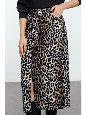 FRM Kadın Moda Stil Maxi Astarsız Dokuma Animal Leopar Desenli Önden Yırtmaçlı Maxi Boy Dokuma Etek