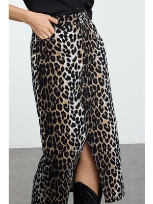 FRM Kadın Moda Stil Maxi Astarsız Dokuma Animal Leopar Desenli Önden Yırtmaçlı Maxi Boy Dokuma Etek