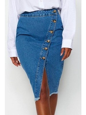 FRM Kadın Moda Stil Midi Astarsız Denim Düğme Detaylı Yırtmaçlı Midi Denim Etek