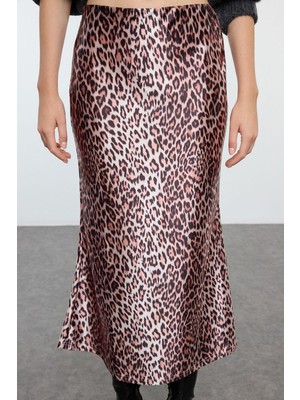 FRM Kadın Moda Stil Maxi Astarsız Örme Leopar Desenli Saten Maxi Örme Etek