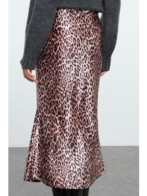 FRM Kadın Moda Stil Maxi Astarsız Örme Leopar Desenli Saten Maxi Örme Etek