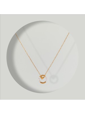 Four Solos FourSolos Çelik Kadın Kolye, Sedef Görünümlü Kalp Detaylı, Gold Renk, No:81