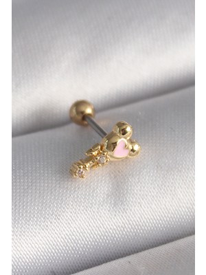 Stil Love 316L Çelik Gold Renk Zirkon Taş Detay Pembe Kalp Işleme Tragus Piercing