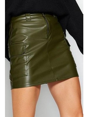 Ersefa Modern Tarz Astarsız Örme Mini Boy Suni Deri Kargo Cepli Yüksek Bel Vücuda Oturan Mini Örme Etek