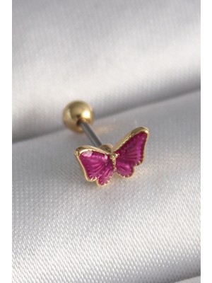 Callerrons Accessories  Gümüş Renk Pembe Kelebek Model Tragus Piercing - EBJ241123W29437