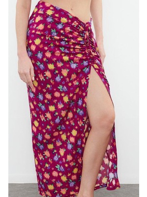 Ersefa Modern Tarz Astarsız Dokuma Maxi Boy Desenli Yırtmaç Detaylı Midi Boy Dokuma Etek