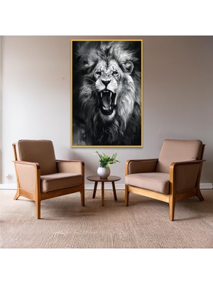 Gaagart Metal Çerçeveli Temperli Cam Tablo Kükreyen Aslan Siyah Beyaz