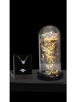 Işıklı Fanusda Sonsuzluk Gülü ve Kalp Kolye Yüzük Seti Yılbaşı Sevgililer Günü Hediyesi