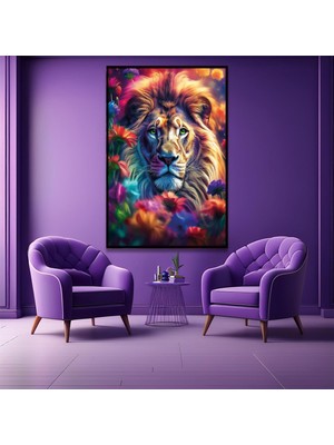 Gaagart Metal Çerçeveli Temperli Cam Tablo Renkli Çiçekler Içinde Aslan