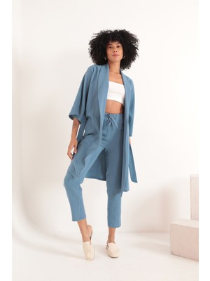 Shemard Müslin Kumaş Oversize Kadın Kimono-Indigo