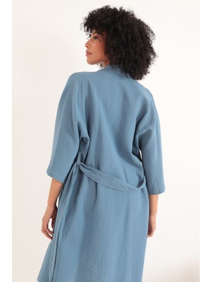 Shemard Müslin Kumaş Oversize Kadın Kimono-Indigo