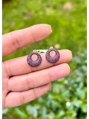 Defne Silver Pembe Taşlı Düğme Küpe