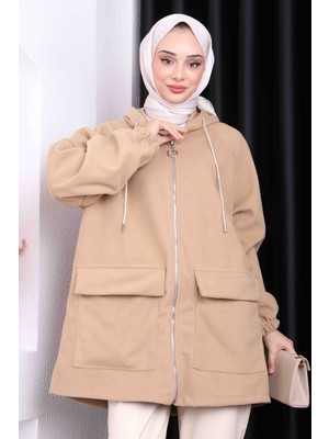 Vizon Kapüşonlu Fermuarlı Kaşe Kaban