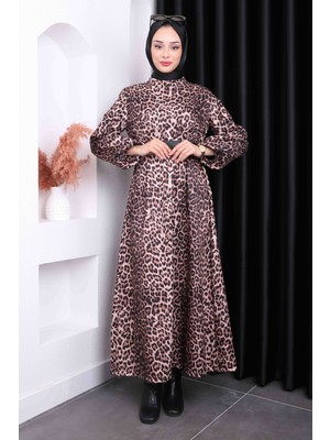Vizon Leopar Desenli Kuşaklı Elbise
