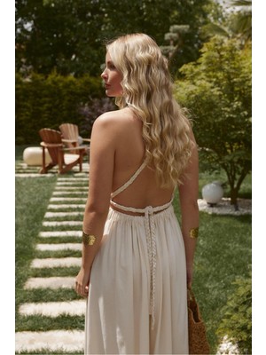 Helenistik Keten Örgü Sırt Bağlamalı Yırtmaçlı Bohem Yazlık  Sırt Dekolteli Uzun Bohem Elbise