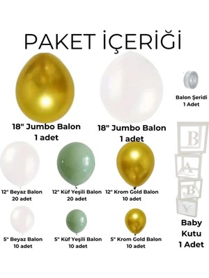 84 Adet Doğum Günü Balon Zincir Baby Kutulu Beyaz Küf Yeşili Krom Gold Jumbo Boy Parti Seti