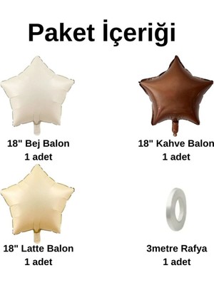 Konsept Sepeti 18 Inç Bej Latte Kahverengi Retro Yıldız Şekilli Parti Balon Seti (Balon Bandı Hediyeli)