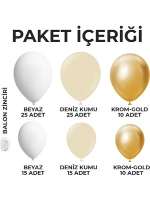 Konsept Sepeti 100 Adet Zincir Balon Set Deniz Kumu Beyaz ve Krom Gold Doğum Günü Parti Seti (Balon Bandı Hediyeli)