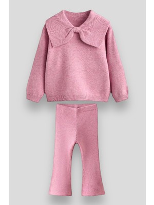 Magu Triko Fiyonk Desenli Kışlık Pamuklu Sweatshirt Tayt Alt-Üst Takım Kız Çocuk