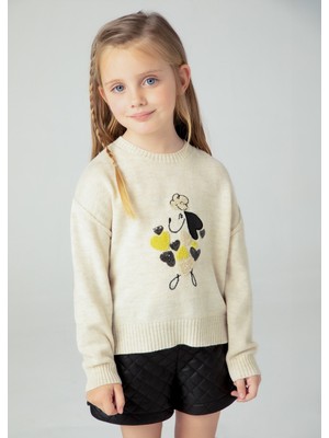 Kız Çocuk Islemelı Kazak Krem