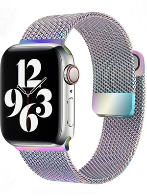 FirstModel Apple Watch Mıknatıslı Hasır Metal Kordon ( Seri 10 / 11 - 42 mm Uyumlu) Gökkuşağı