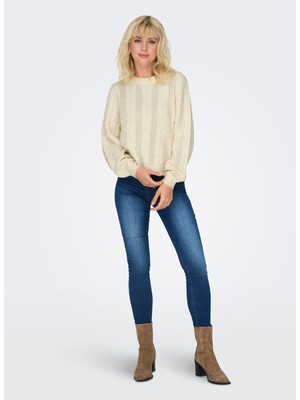 Only O Yaka Normal Baklava Desenli Krem Kazak Kadın Onlrubına Ls Cable O-Neck Knt Noos