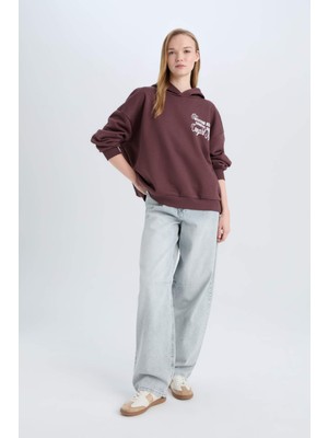 DeFacto Coool Loose Fit Kapüşonlu Sırt Baskılı Kalın Sweatshirt E1495AX24WN