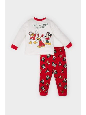 DeFacto Erkek Bebek Disney Mickey & Minnie Yılbaşı Temalı Pijama Takımı Bisiklet Yaka Uzun Kollu Üst Beli Lastikli Uzun Alt D7141A524WN