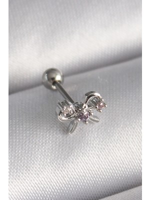 Pazarella 316L Çelik Gümüş Renk Zirkon Taşlı Kurdele Tragus Piercing - TJ-PR1265