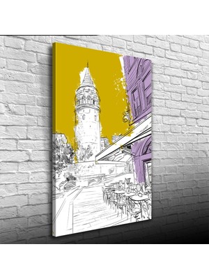 Pazarella Sarı, Beyaz Ve  Mor Tonlarda Galata Kulesi Ve Kafe Görseli Kanvas Tablo 50 X 70