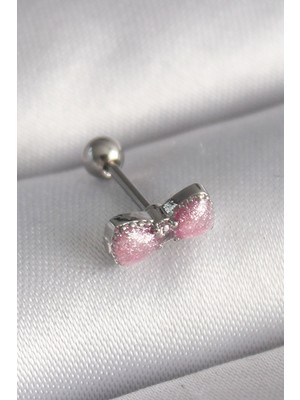 Pazarella 316L Çelik Gümüş Renk Pembe Kurdele Zirkon Taş Detay Tragus Piercing - TJ-PR1295