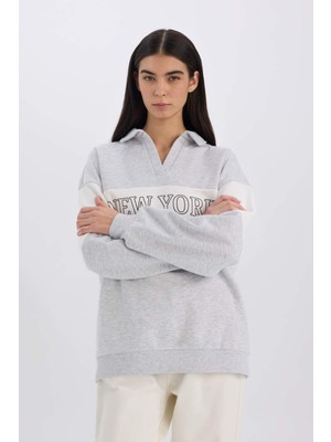 DeFacto Relax Fit Polo Yaka Baskılı Kalın Sweatshirt E3229AX24WN