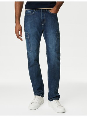 Marks & Spencer Saf Pamuklu Straight Fit Kargo Jean Pantolon