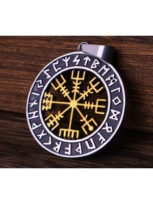 Vikings Paslanmaz Çelik Altın Renk Detaylı Vegvisir Savaşçı Pusula Viking Kolye - 70 cm Zincirli