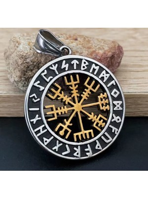 Vikings Paslanmaz Çelik Altın Renk Detaylı Vegvisir Savaşçı Pusula Viking Kolye - 70 cm Zincirli