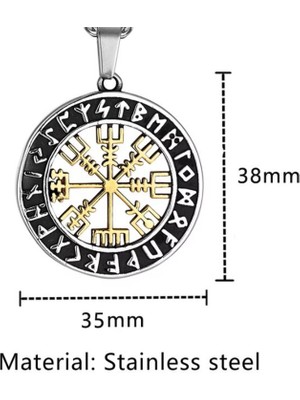 Vikings Paslanmaz Çelik Altın Renk Detaylı Vegvisir Savaşçı Pusula Viking Kolye - 70 cm Zincirli