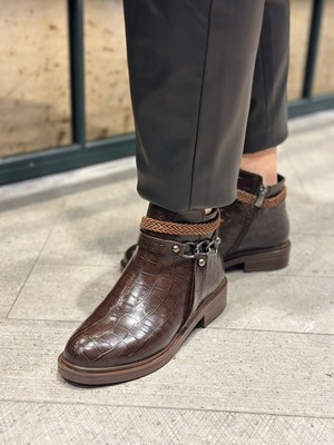 Suadiye Shoes Kadın Croco Kahve Deri Bağcıksız Fermuarlı Termolight Taban Kadın Botu