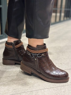 Suadiye Shoes Kadın Croco Kahve Deri Bağcıksız Fermuarlı Termolight Taban Kadın Botu