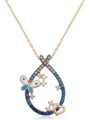 Cey jewelry Gümüş Kalpli ve Kelebekli Damla Kolye