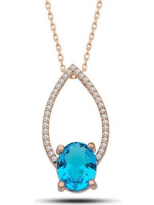 Cey jewelry Gümüş Rose Turkuaz Oval Taşlı Kadın Kolye