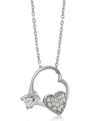 Cey jewelry Gümüş Kalp Tek Taş Bayan Kolye