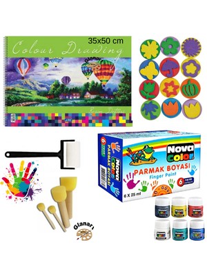 Glanart 35X50 Resim Defteri + 6X25 ml Parmak Boyası Baskı Seti Ponpon Fırçalı Set (Yıkanabilir)
