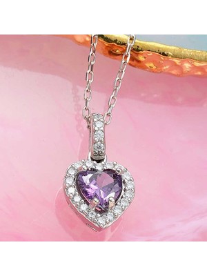 Cey jewelry Gümüş Mor Taşlı Kalpli Kadın Kolye