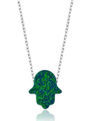 Cey jewelry Gümüş Yeşil Opal Fatma Ana Eli Bayan Kolye