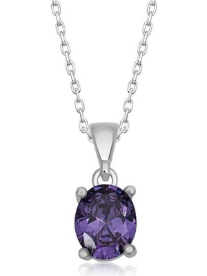 Cey jewelry Gümüş Mor Kristal Oval Taşlı Kadın Kolye