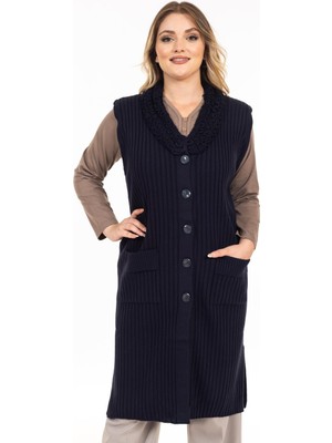Kadın Orta Yaş ve Üzeri Cepli Triko Örgü Anne Uzun Yelek 2458