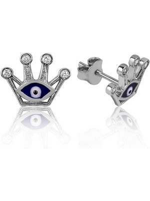 Cey jewelry Gümüş Nazarlı Kraliçe Tacı Çivili Küpe