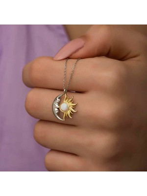 Cey jewelry Gümüş Opal Beyaz Taşlı Ay Güneş Kadın Kolye