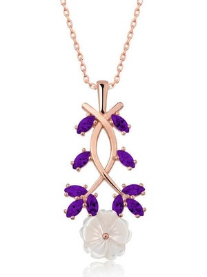 Cey jewelry Gümüş Rose Mor Yapraklı Bahar Çiçeği Kolye